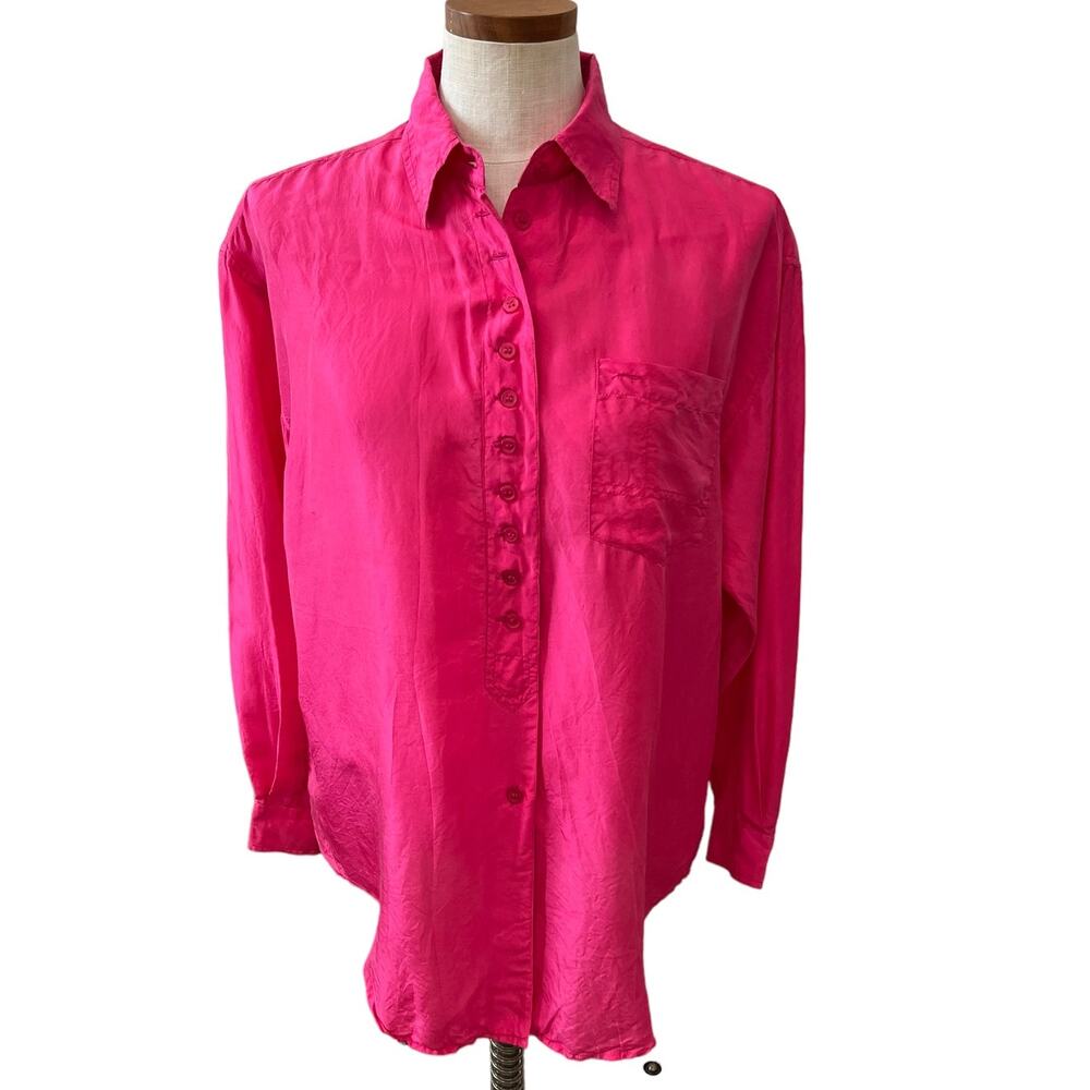 Vintage Silk Long Sleeve button down Top Hot Pink M